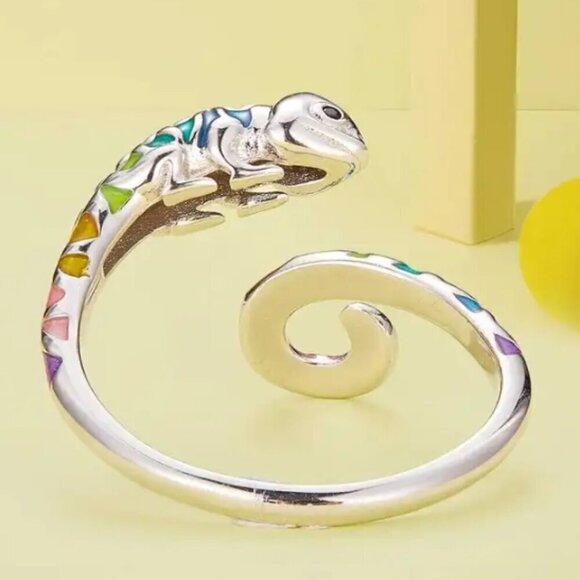 925 Sterling Silver Chameleon Lizard Cuff Ring Metallic Enamel Adjustable NWT - Picture 3 of 5